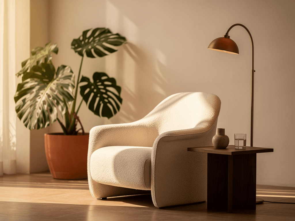 Sala moderna con sillón de diseño y muebles de segunda vida en León